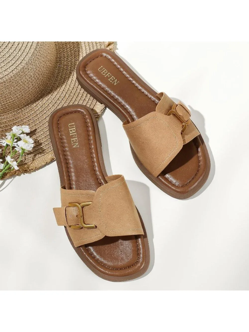 Women's Light Brown Square Toe Flat Sandals Slides Dressy Comfortable for Casual